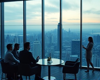 visionary flourish investment, thoughtful, negotiating, photorealistic, top floor business lounge with panoramic skyline view, highly detailed, contrast between urban and nature elements, crisp cool tones, twilight cityscape, shot with a 105mm lens.