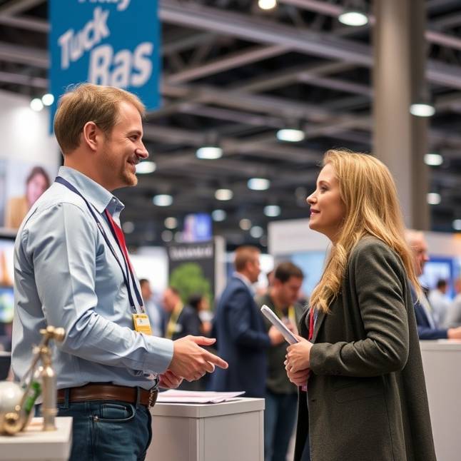 Successful exhibitor engaging with a potential client at a trade show. Successful exhibitor engaging with a potential client at a trade show.