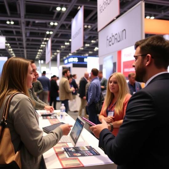 Engaging tradeshow sponsor displaying interactive booth activities. Engaging tradeshow sponsor displaying interactive booth activities.