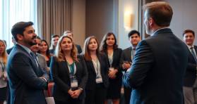 Professionals attentively listening to a trainer in a hotel venue setting.