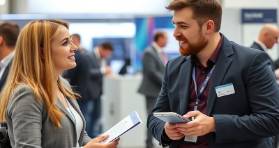 Trainer and trainee engaged in a professional discussion at a trade show.